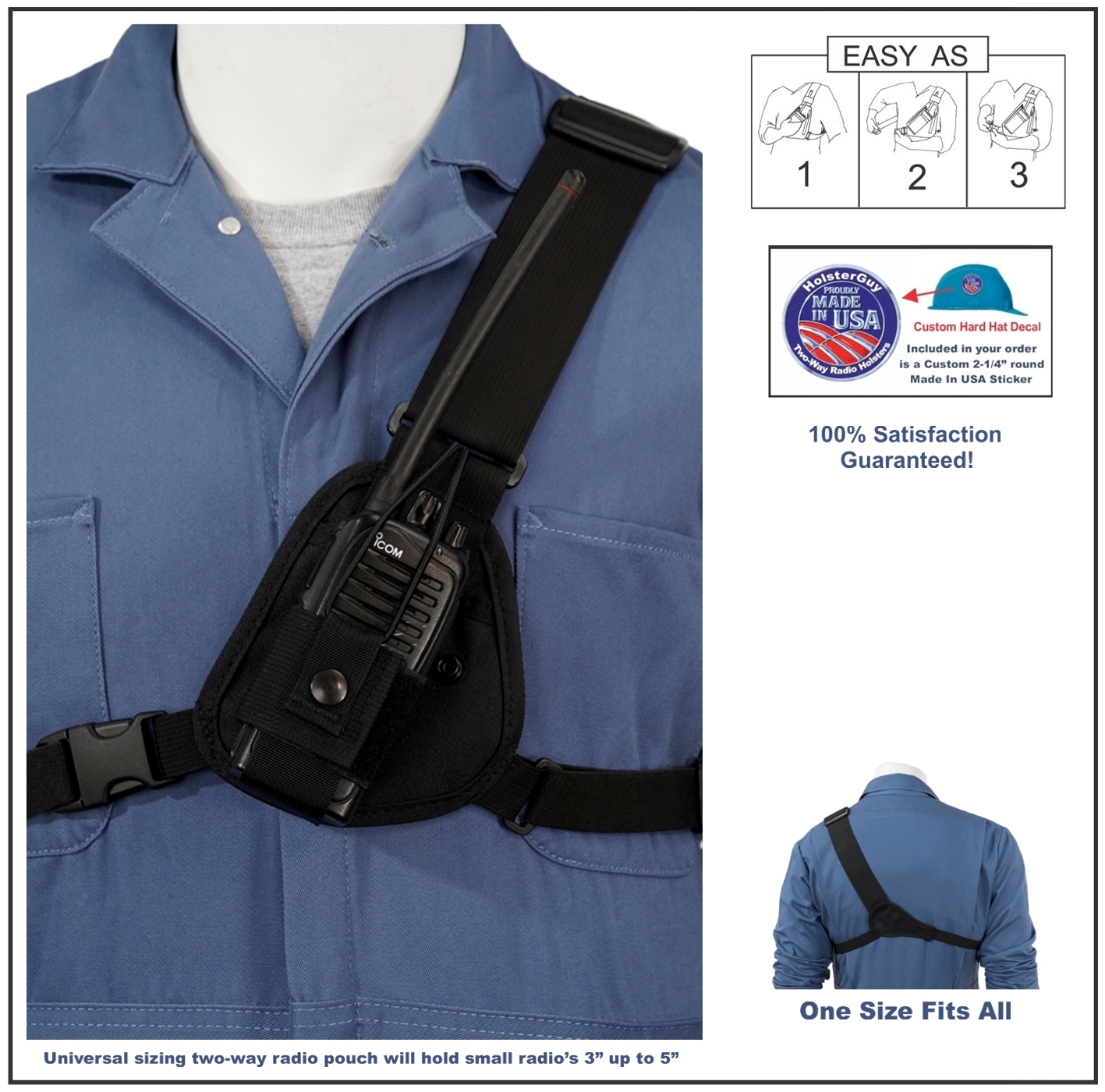 HOLSTERGUY RCH-103 Chest Harness Shoulder Radio Holster Pack with Adjustable Depth Pouch for small Motorola Talk About Two-Way Radios and Walkie Talkies. Made in USA