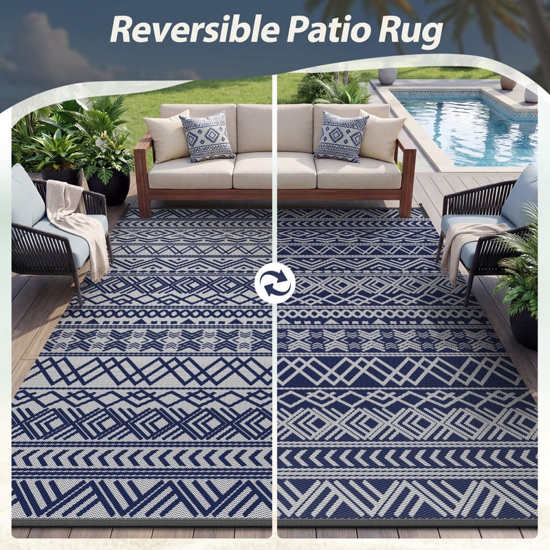 SIXHOME Outdoor Rug 9'x12' Waterproof Reversible Patio Rug Boho Geometric Indoor Outdoor Rugs Lightweight Plastic Straw Ourdoor Carpet for RV Camping Deck Balcony Modern Porch Decor Blue and Gray