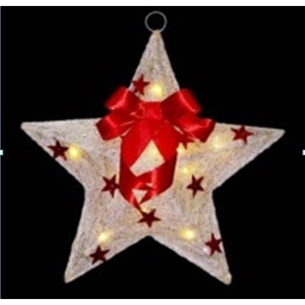 17" Lighted Cream and Red Sisal Hanging Christmas Star Window Decoration with Bow