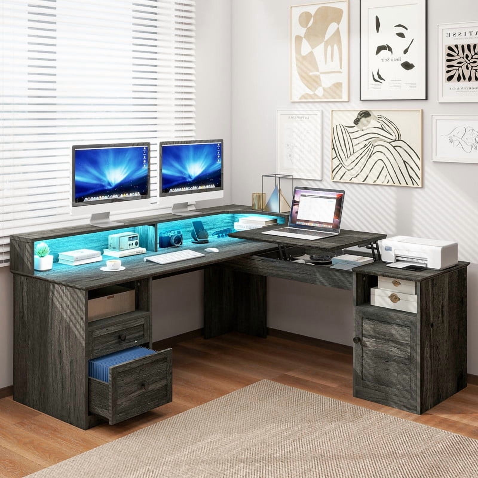 Uforic L Shaped Computer Desk with Power Outlet&LED Lights&File Drawer, 59 '' Corner Computer Table with Hutch& Storage Shelves, Gaming Desk Office Desk with Lift Top For Home Office, Gray