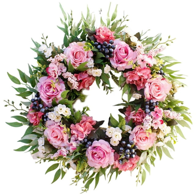 coronas de puertas para el hogar de flores artificiales para puerta delantera, rosa para telón de fondo, decoración de primavera y verano Fanmusic coronas de puertas para el hogar