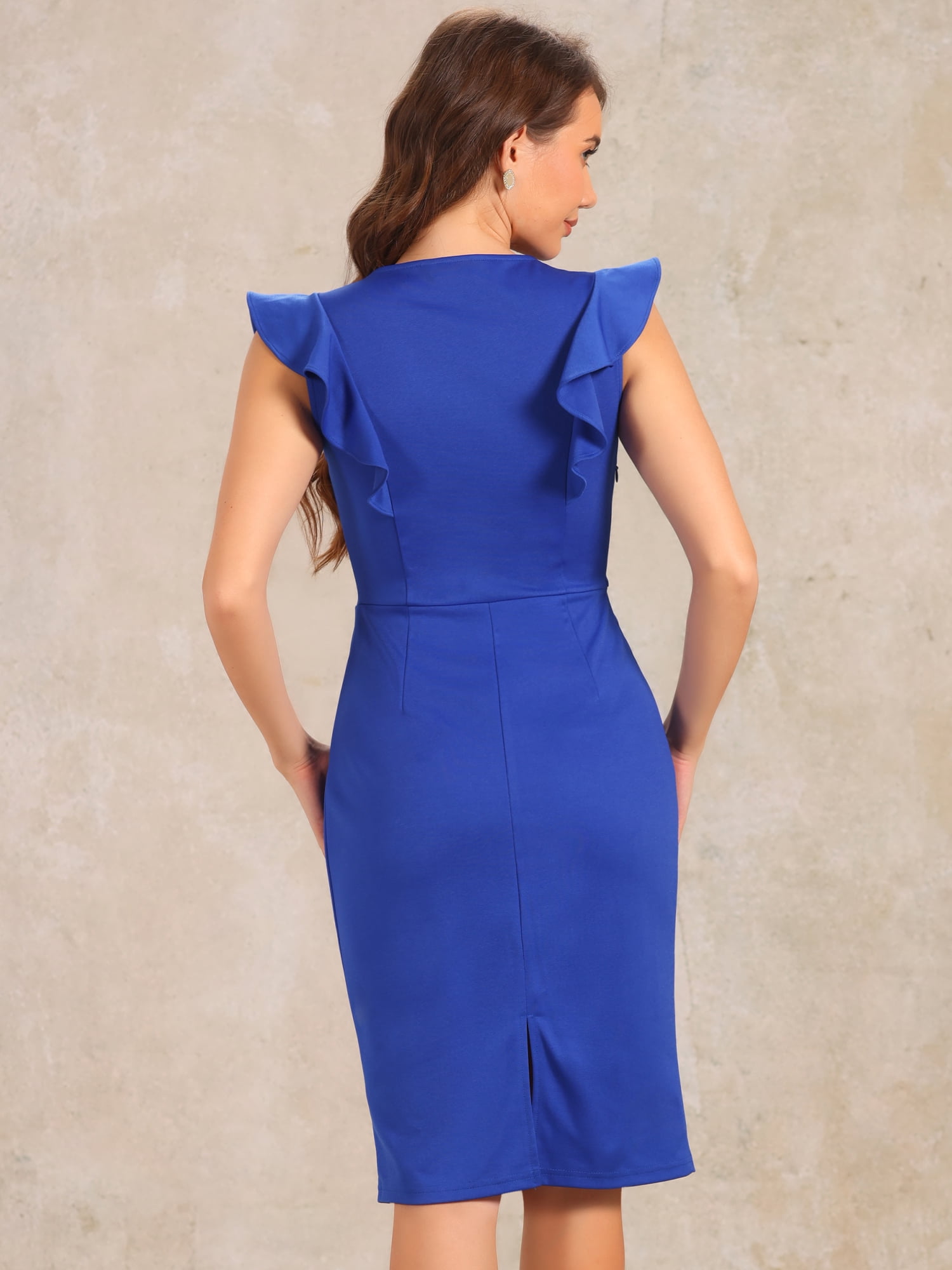 DARING DIVA Sheath Ruffles V Neck Split Work Pencil Dress XS Royal Blue