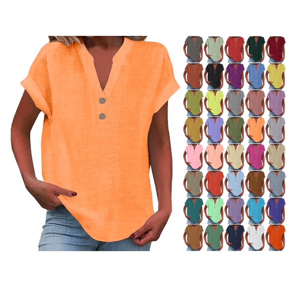 Women Tops Zeliretfy Women's Tops Fashion Solid Color Button Decoration Shirt Female V Neck Loose T-shirt Blouse Womens Short Sleeve Tops Vacation Outfits