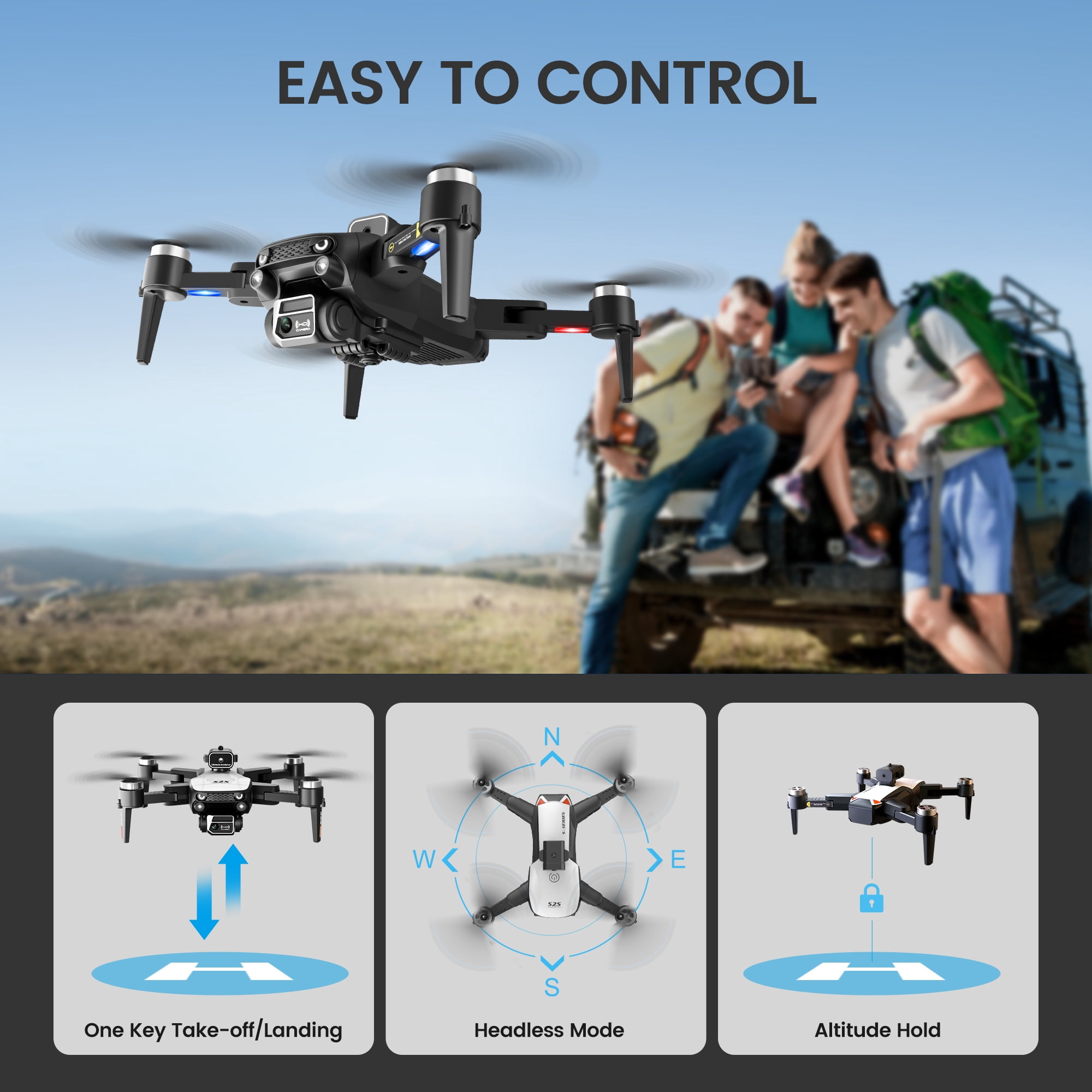 Wefone S2S Foldable Drone with 6K Camera for Adults and Kids, Brushless Motor, 2 Batteries, White