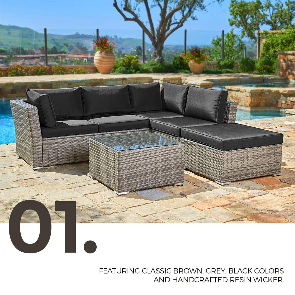 Suncrown Outdoor Sectional Sofa 4 Piece Set All Weather Grey Suncrown Outdoor Sectional Sofa 4 Piece Set All Weather Grey Checd Wicker Furniture With Black Washable Seat Cushions Glass Coffee Table Patio