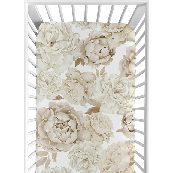 Sweet Jojo Designs Peony Floral Garden Taupe and Ivory Girl Fitted Crib Sheet
