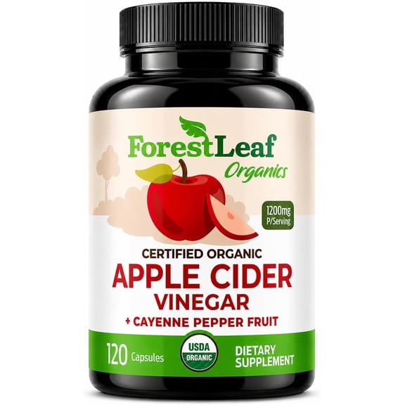 Forest Leaf USDA Organic Apple Cider Vinegar Capsules with Mother, 1200 mg, Apple Cider Vinegar Pills with Cayenne Pepper 120 ct.