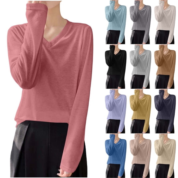 ClodeEU Women's Lightweight V Neck Long Sleeve Knit Top ,Casual Comfort Pullover Blouse ,Women's Plus M