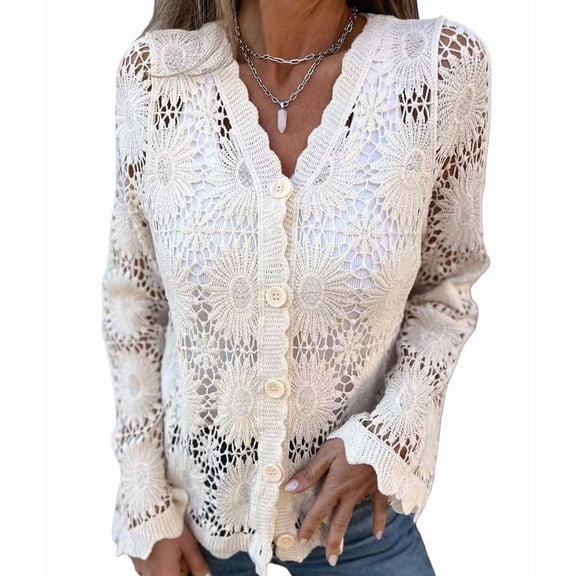 Women Cardigan Crochet Sweater Hollow Out Button Front V Neck Long Sleeve Knit Crop Sweater Top Color M
