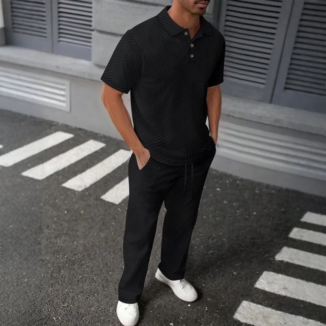 NTACZA Mens Pants Set Waffle Short Sleeve Shirt Pants Tracksuits Sports Collared Sweatsuits for Men L