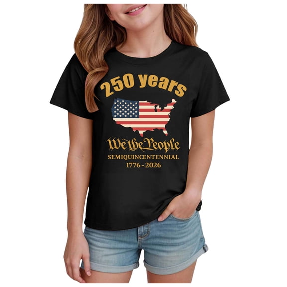 Karoyedx Shirts for Kids Girls Kids 250 Anniversary USA Shirts 250 Year American Flag Tshirt Boys and Girls Happy 250th Tee 4th of July Tops Black Size,7-8 Years