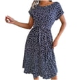 thumbnail image 1 of Robes Midi pour Femmes Imprimé Floral Manches Courtes Robe Plissée Nœud Ceinturée Col Rond Boho Plage Vacances Robe, 1 of 7