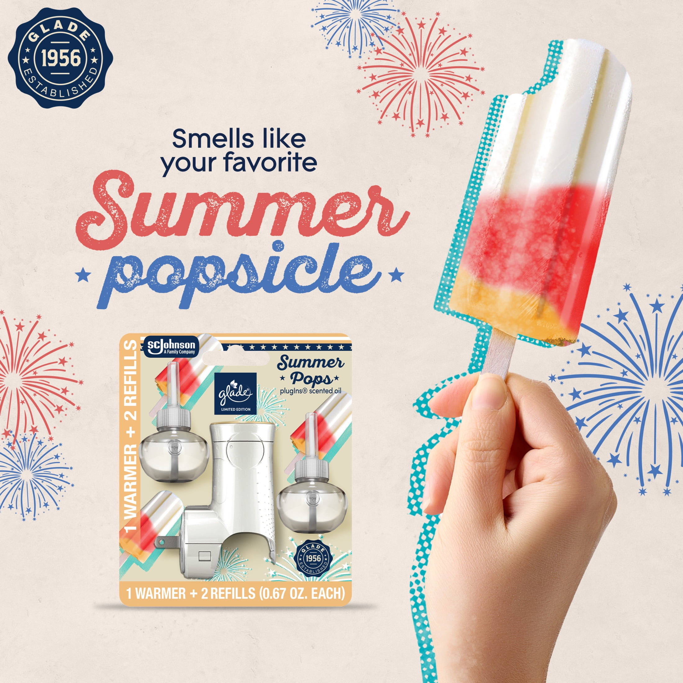 Glade PlugIns Refills Air Freshener Starter Kit, Summer Pops, 1.34 Fl oz., 1 Warmer + 2 Refills