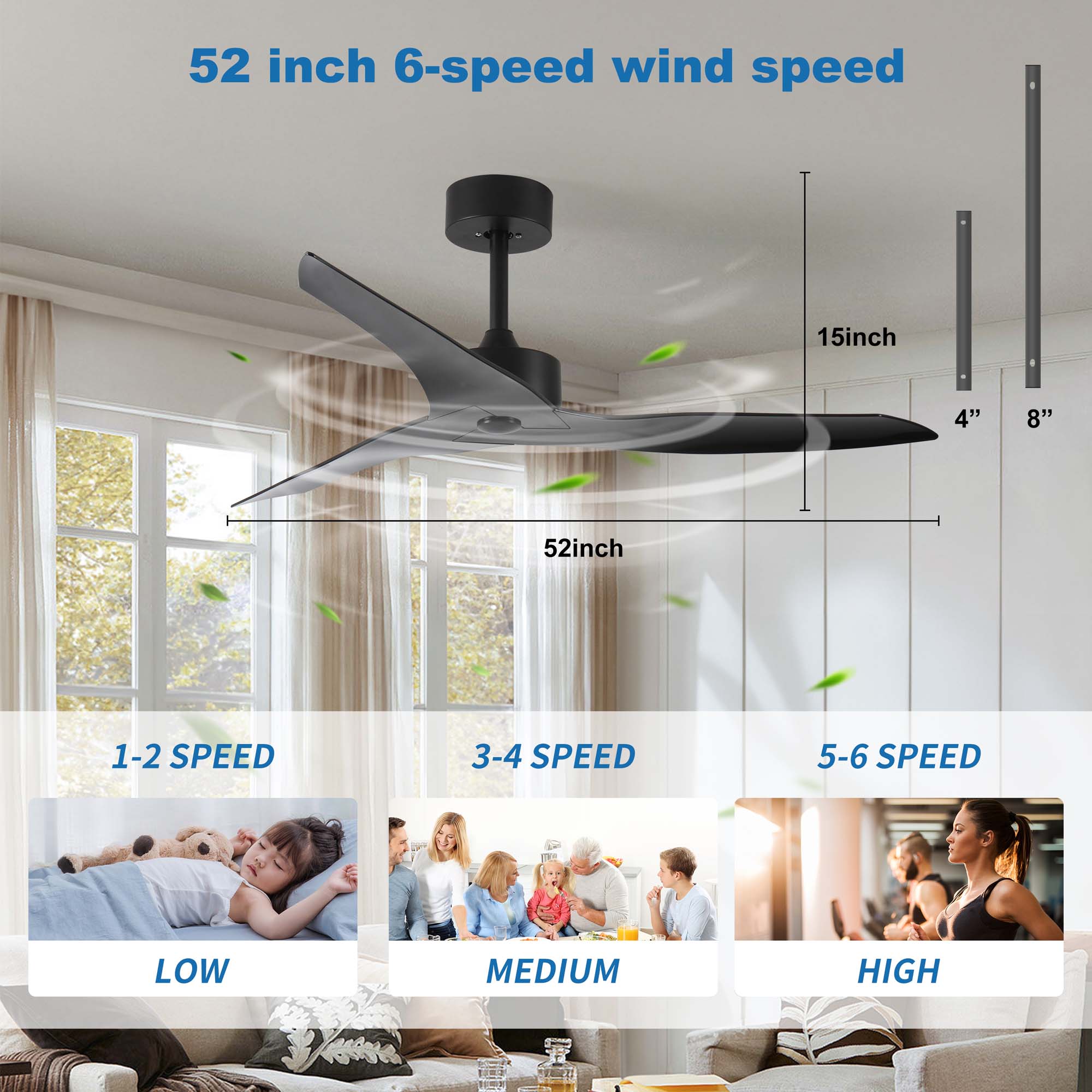 Miniyam 52" Outdoor Black Ceiling Fan Without Light with Remote Control, 3 ABS Blades Farmhouse Ceiling Fan 6-Speed Reversible DC Motor Modern Ceiling Fan for Living Room, Bedroom, Kitchen