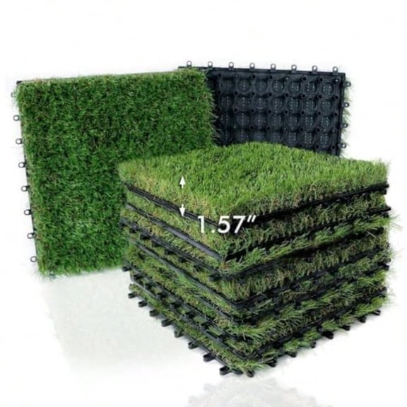 Outdoor Artificial Grass Tiles Interlocking Turf Squares 9 Pack 12x12 Fake Grass Mat for Balcony Patio Deck Flooring Decor Pets Dog Pee Pad Self-draining 8 Buckle System