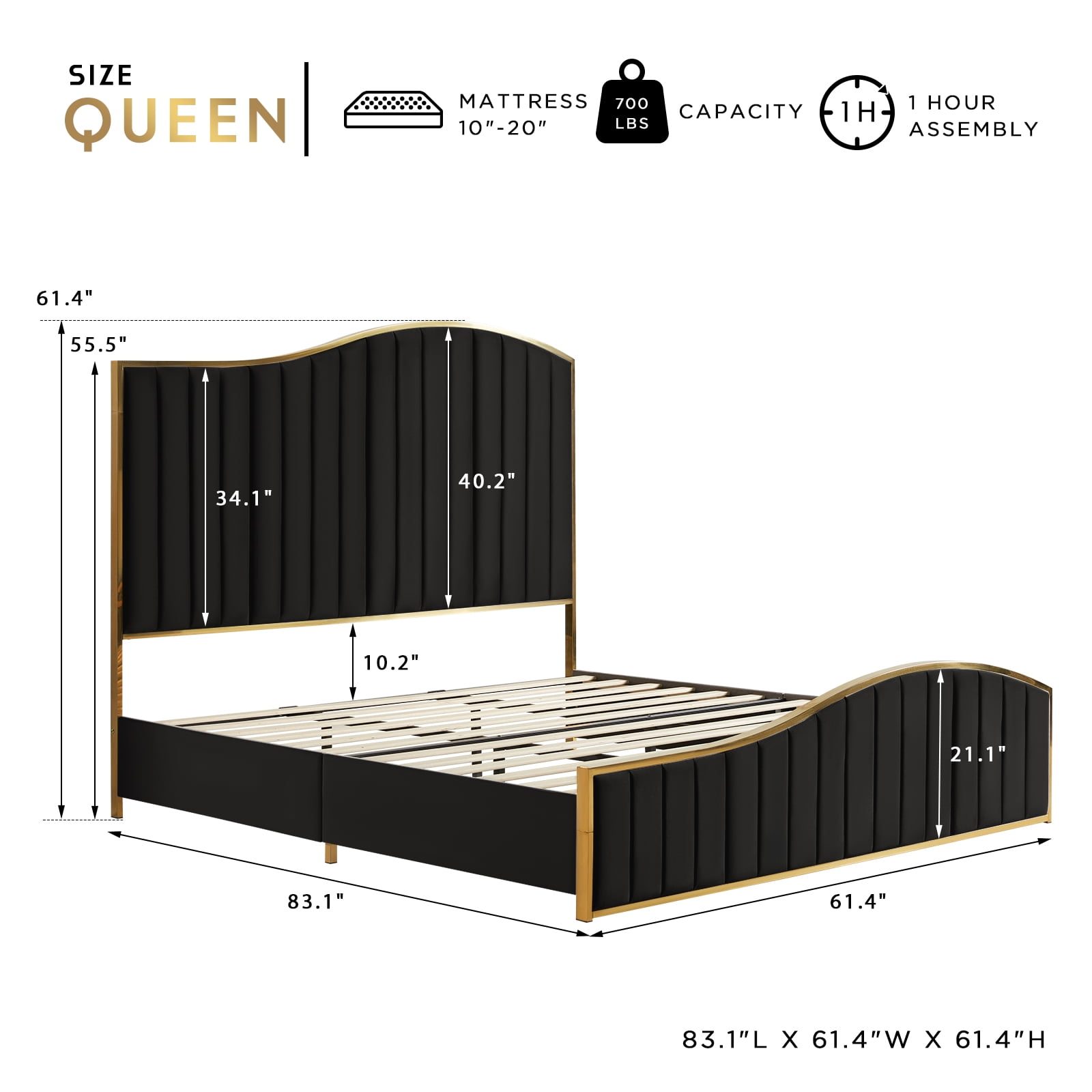 VanAcc Queen Size Platform Bed Frame 61.4" Vertical Channel Gold Trim Headboard Footboard Black