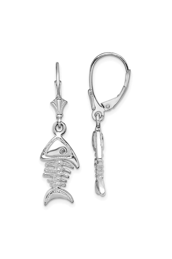 Diamond2Deal 925 Sterling Silver Rhodium-Plated 3D Fishbone Leverback Earrings for Women (L- 1.5 inch, W- 0.41 inch)