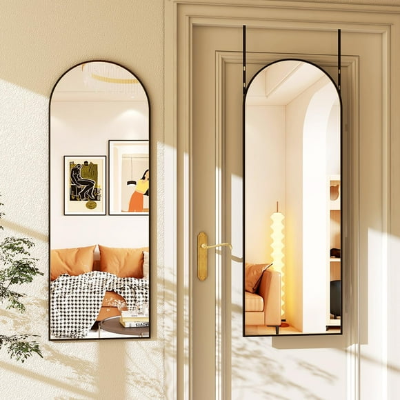 BEAUTYPEAK Full Length Arched Door Mirror 48"x14" Floor Mirror Hanging Wall-Mounted Mirror, Black