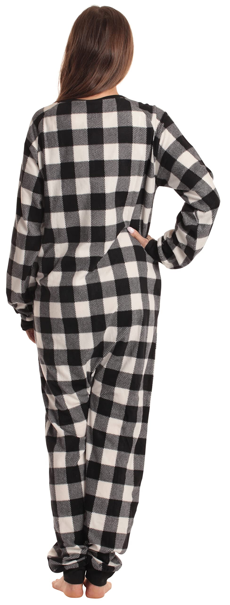 Just Love Printed Flannel Adult Onesie / Pajamas (Buffalo Plaid - White Black, Large)