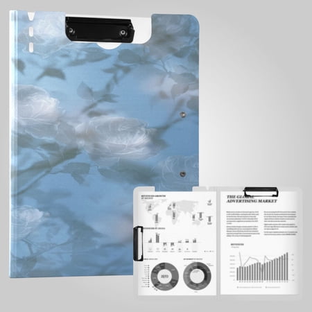 Foldable Binder Clipboards 360°Portable Plastic Folder Clipboard Extra Large Capacity Organizer Binder 18.9 x 12.6 for College Office Home Misty Blue Rose Print