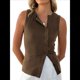 thumbnail image 3 of Camisetas Sin Mangas de Verano Acanaladas para Mujer, Camisa de Canalé Abierta con Botones en la Parte Delantera, Top Elegante Sin Mangas y Ajustado A Color Café L, 3 of 10