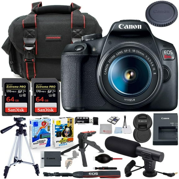 Canon EOS Rebel T7 DSLR Camera with 18-55mm Lens Bundle with Commander Gear Bag   Microphone   2X 64GB Extreme Memory Cards   Accessory Kit