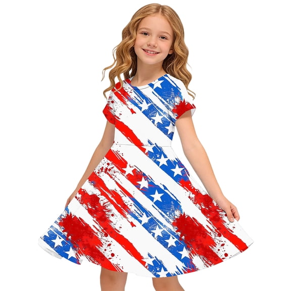 Amidoa Girl Dresses A-Line Swing 4th of July Short Sleeve Dress Summer Casual Sundress for Kids Multicolor Size 11