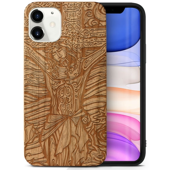 Case Yard Wooden Case Outside Soft TPU Silicone, Slim Fit Shockproof Wood Protective Phone Cover for Girls Boys Men and Women, Supports Wireless Charging Jesus Design case for iPhone-12-Mini