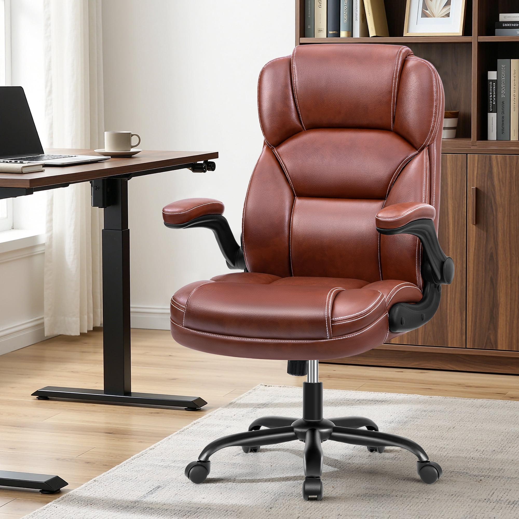 STACOO Large Executive PU Leather Office Chair with Adjustable Armrests, High Back and Lumbar Support, Ideal for Big and Tall Users, Home Office Chair Computer Desk Chair, Brown