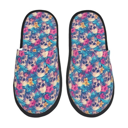 Balery Skull blue leaf Slient Indoor Furry Fleece Comfort House Shoes Soft Non-Slip Home Shoes Cotton slippers House Slippers-- Large