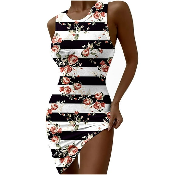 IROINNID Bodycon Dress For Women Strapless Sleeveless Summer Slimming Ribbed Body-con Tank Dress Round Neckline Print Dress