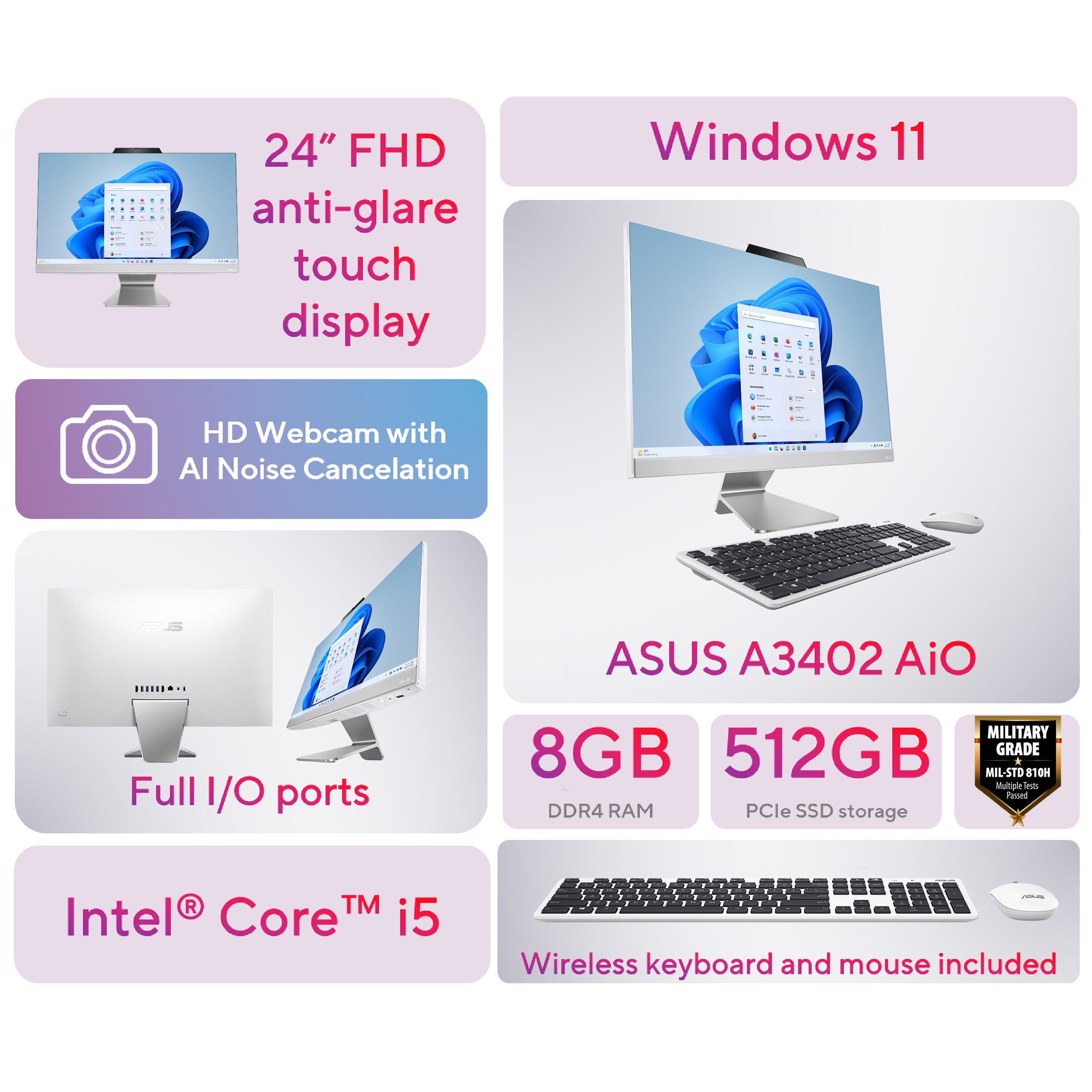 ASUS All-in-One Desktop w/ 23.8" FHD Touchscreen, Core i5, 8GB, 512GB SSD, White, A3402WBA-WS503T