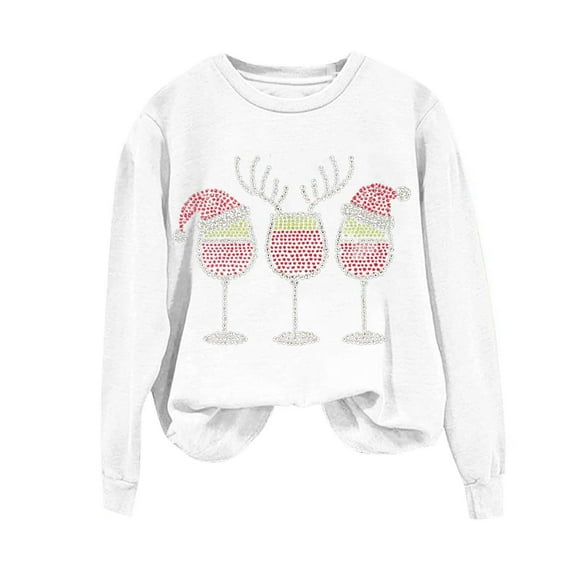 Lcziwo Funny Christmas Sweatshirts for Women Sequin Rhinestone Red Wine Glass Shirts Raglan Long Sleeve Round Neck Tops Casual Fashion Holiday Loose Pullover White,XXL