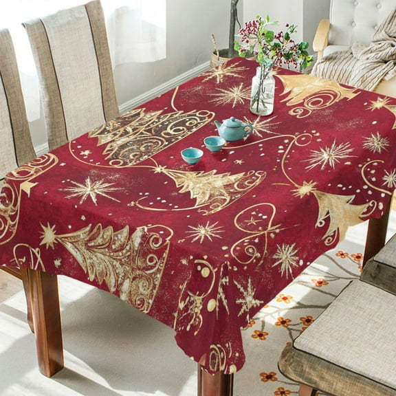 BZSMCE Square Tablecloth Christmas Trees and Gold Line Pattern Tableclothes
