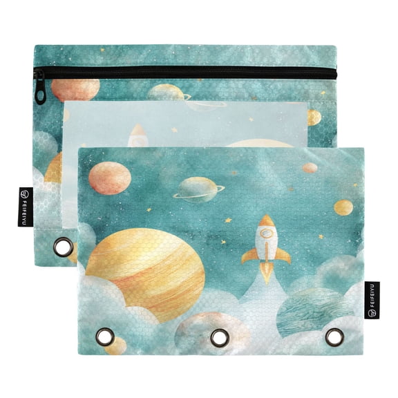 2 Pack 3 Ring Binder Pouch with Clear PVC Window Water Resistant Zipper Pencil Pouch Cute Rocket Space Planets Print Binder Pocket for Classroom Office Home Stationery Organization