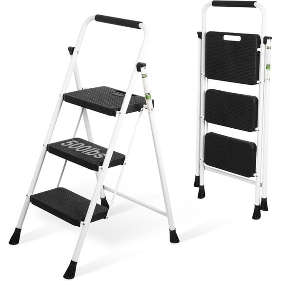 3 Step Ladder, Portable Steel Folding Step Stool with Wide Anti-Slip Pedal & Convenient Handgrip, 500lbs Sturdy Steel Ladder, White