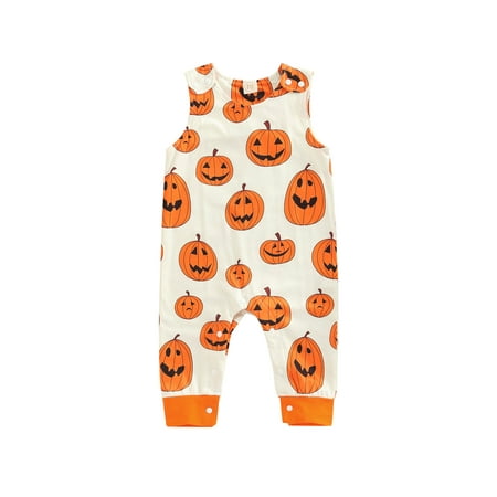 

Nituyy Halloween Baby Girl Boy Jumpsuit Pumpkin Print Round Neck Sleeveless Snaps Rompers for Toddlers 0-18 Months