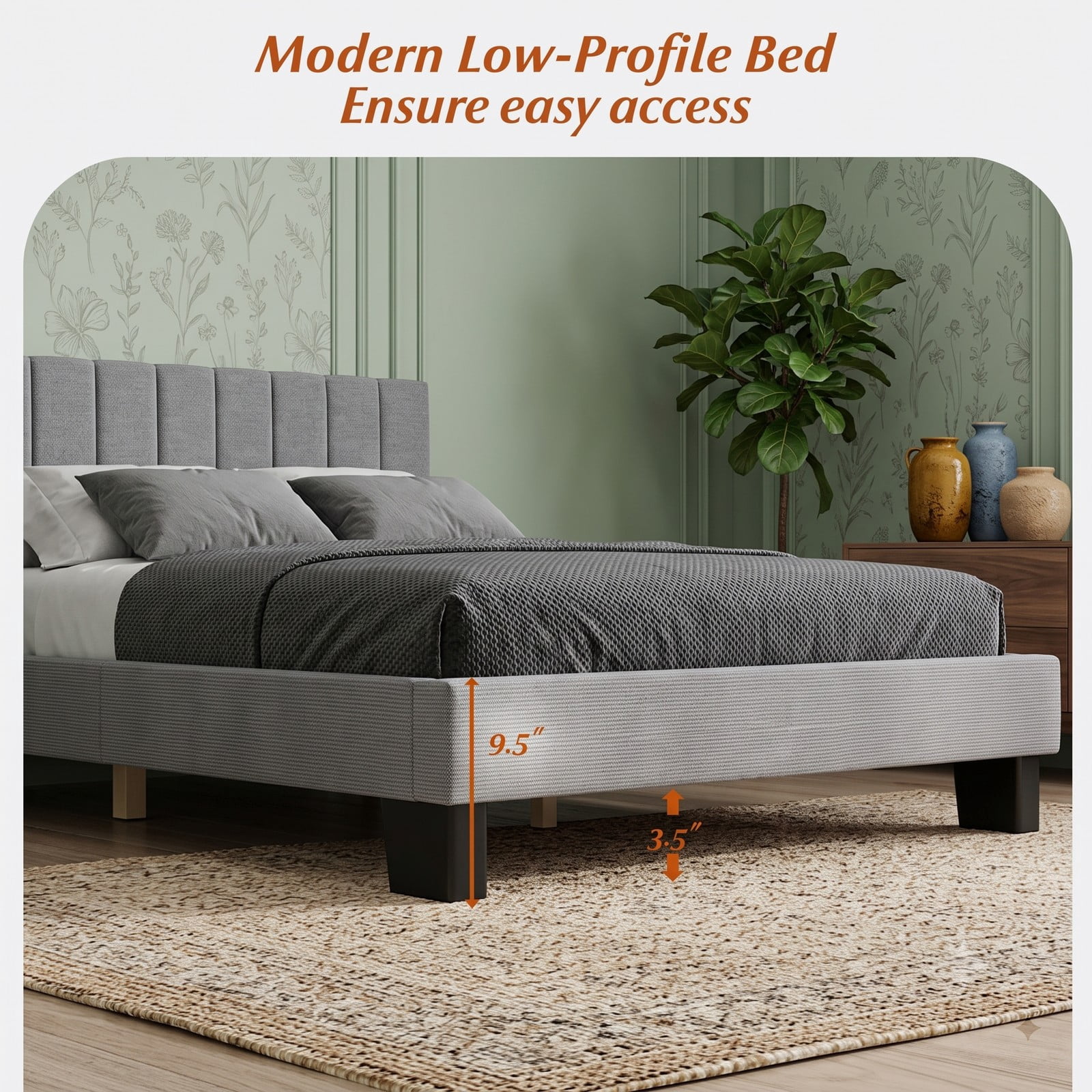 Furnibear Queen Size Bed Frame Upholstered Platform Bed with Adjustable Channel Tufted Wingback Headboard, No Box Spring Needed, Gray