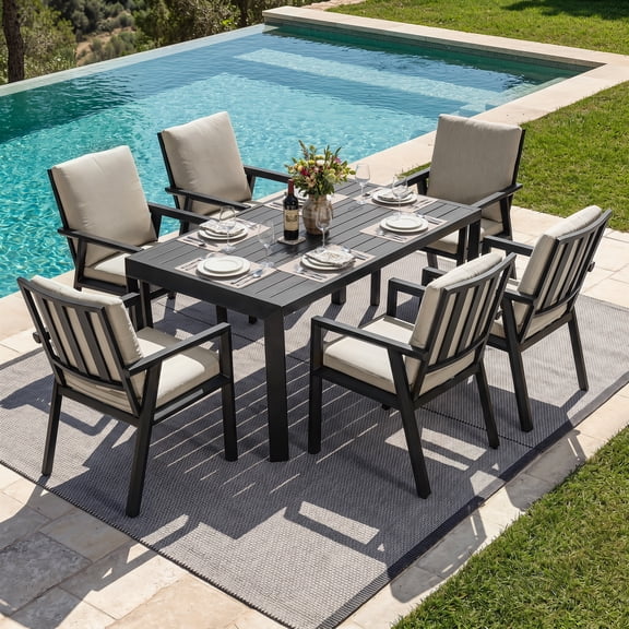 Nuu Garden 7-Piece Outdoor Dining Set with Umbrella Hole, Powder-Coated Aluminum Patio Table and Chair Set, Patio Dining Set with Gray Cushions for Backyard, Garden and Poolside, Black