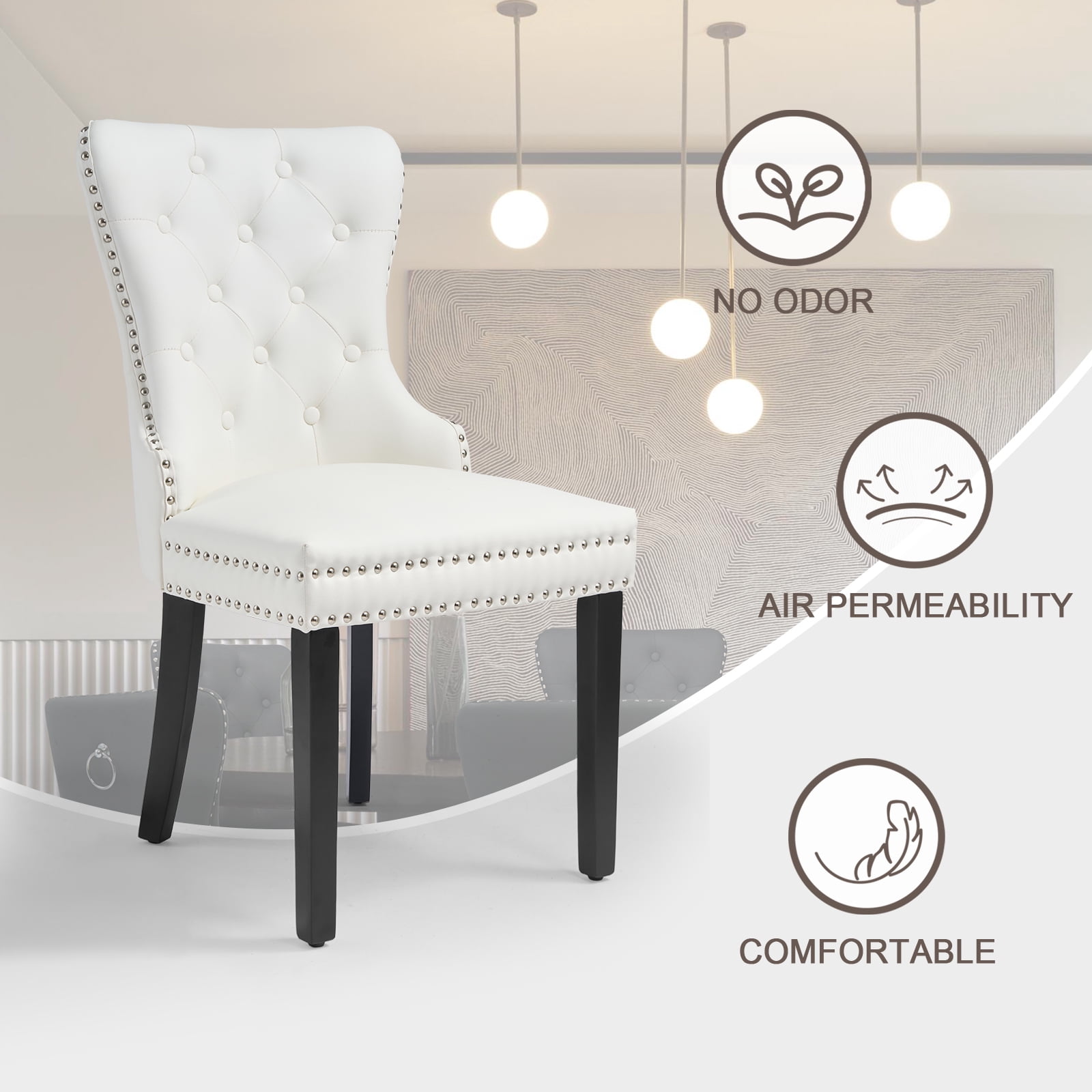 Foredo PU Leather Dining Chairs Set of 2, Tufted Upholstered Dining Room Chair with Pull Ring and Solid Wood Legs, White