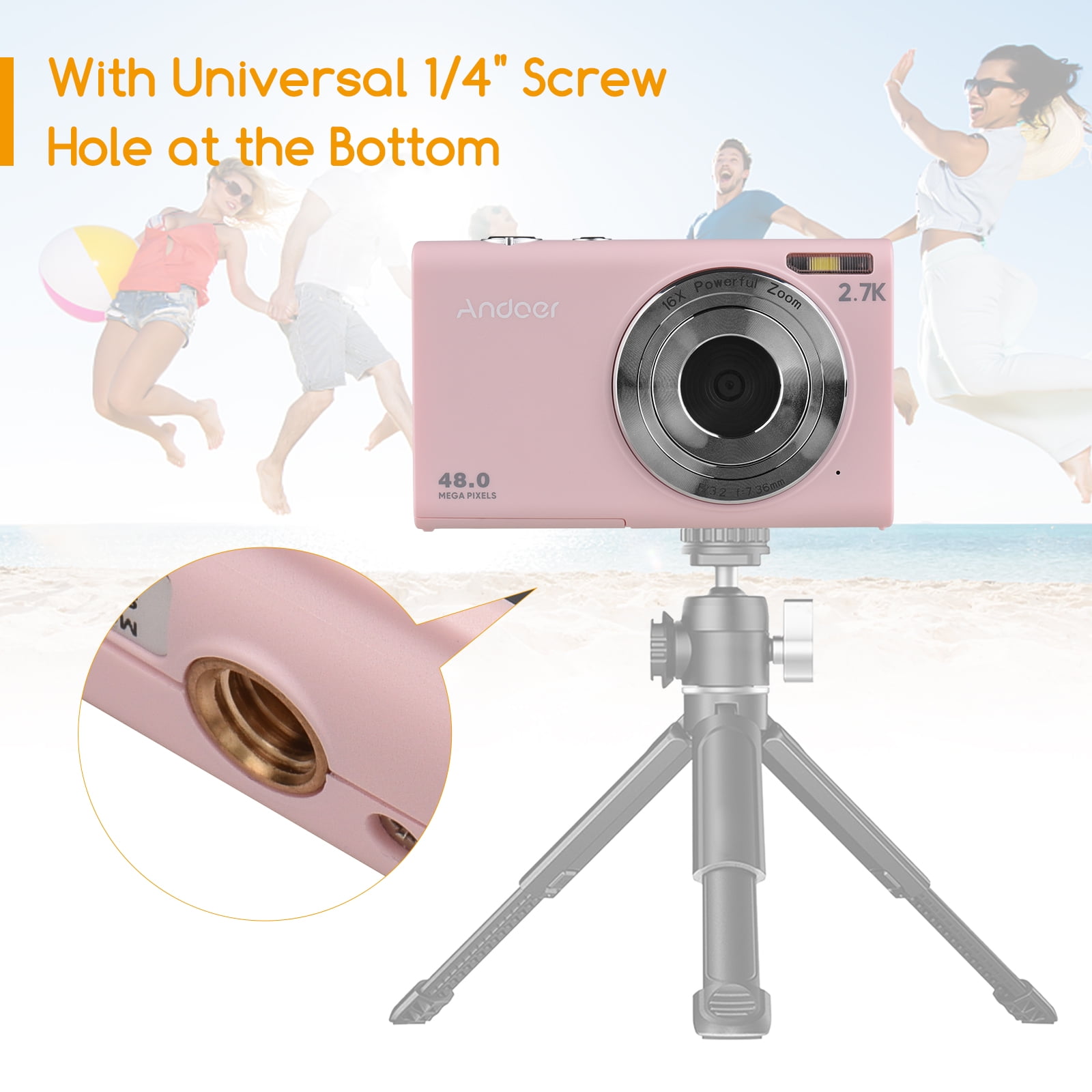 Andoer 2.7K Digital Camera Compact Video Camcorder 48MP Auto Focus 2.88 Inch IPS Screen 16X Zoom Anti-shake Face Detact Smile Capture Built-in LED Fill Light