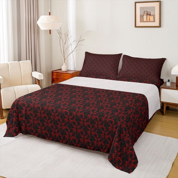 Feelyou Adult Boho Damask Twin Sheet Sets, Black Red Ghost Bedding, 3-Piece