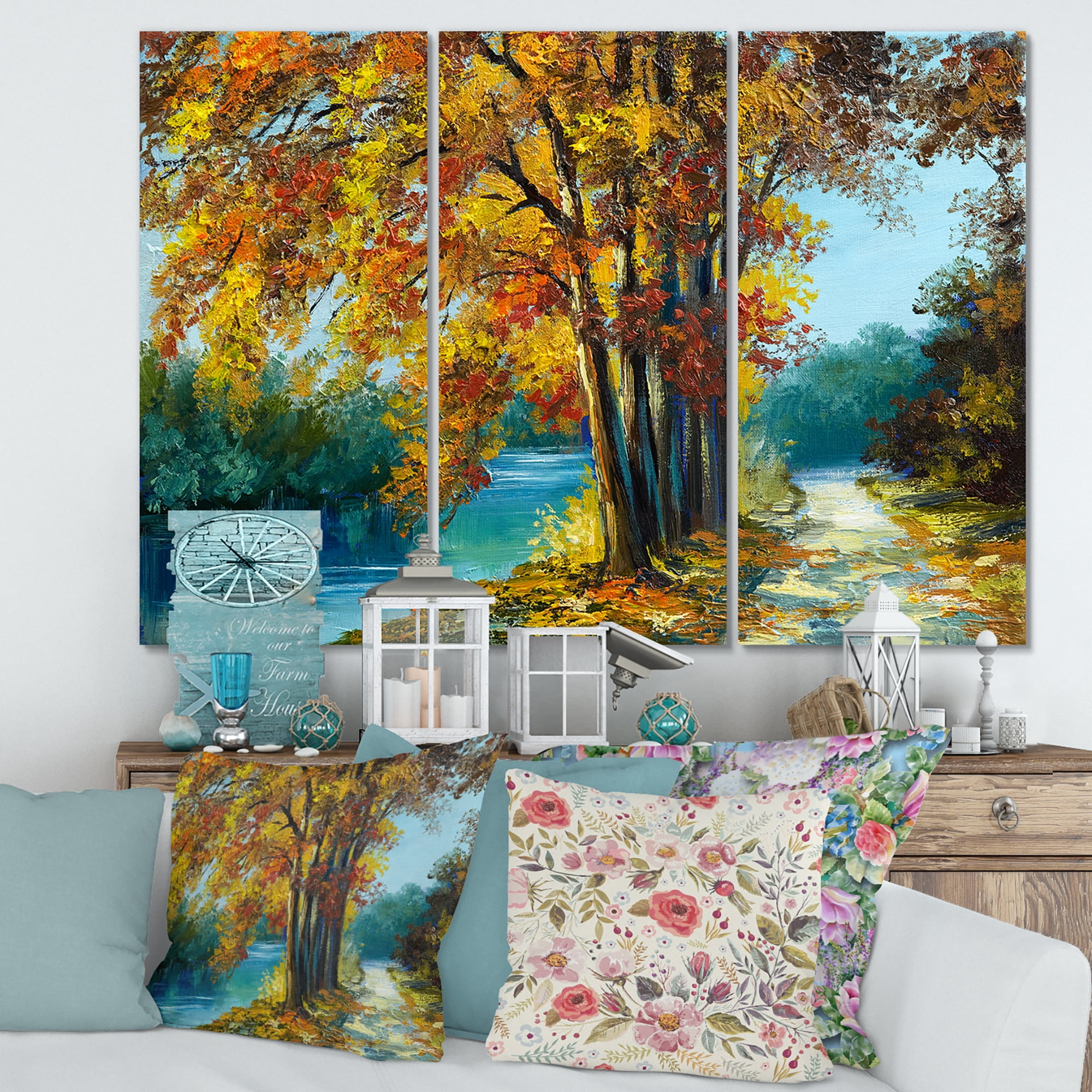 Designart ' Abstract Trees In Warm Autumn Colors By Bright Blue River ' Traditional Canvas Wall Art Print