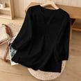 thumbnail image 4 of Lenpel Line Tops for Women Lantern 3/4 Length Sleeve V Neck Floral Embroidered Cotton T-Shirts Loose Tunic Blouses Dressy Casual Tees, 4 of 7