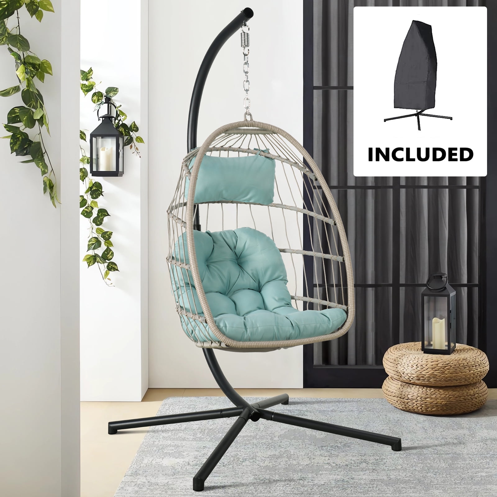 Hubert Hudson Fruitig Fabel Indoor Outdoor Swing Egg Chair with Stand, Patio Foldable Beige Wicker  Rattan Hanging Chair with Cushion, Cover, All Weather Hammock Chair for  Bedroom, Garden, Blue - Walmart.com