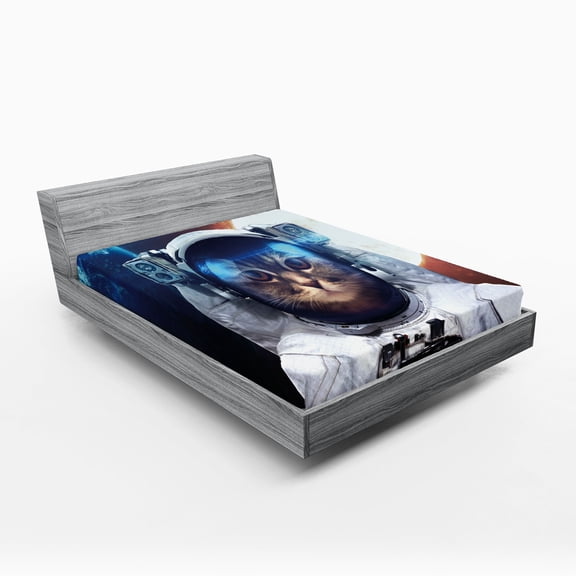 Ambesonne Space Cat Fitted Sheet, Kitty in Galaxy Dust, Queen Size, Pale Yellow White