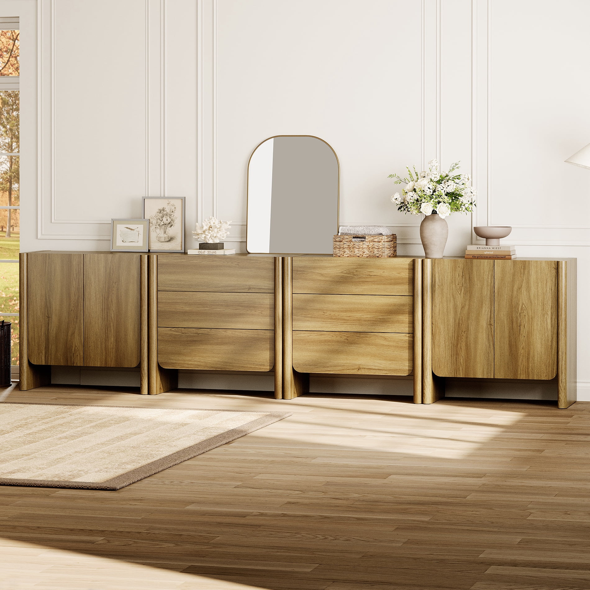Modern French TV Stand, 126-Inch 4-Piece Media Console with 4 Doors and 6 Drawers, Supports TVs up to 130 Inches, Walnut