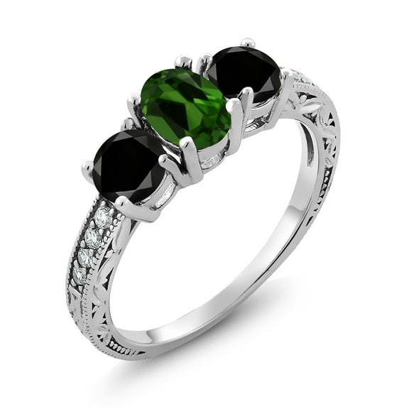 Gem Stone King 1.92 Ct Oval Green Chrome Diopside Black Diamond 925 Sterling Silver Moissanite Ring (Size 8)