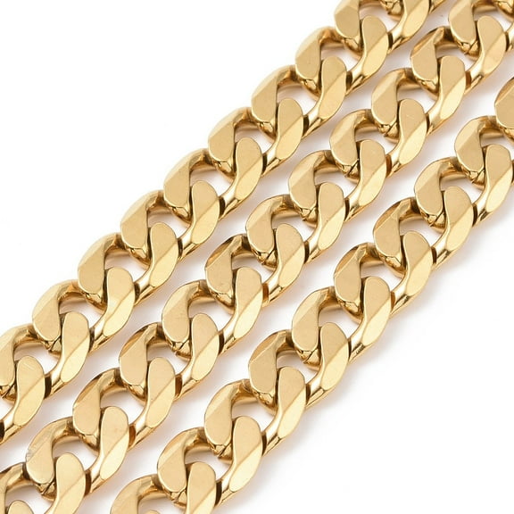 Ion Plating(IP) 304 Stainless Steel Cuban Link Chains Twisted Chains Unwelded Golden 10mm Links: 13.5x10x3mm