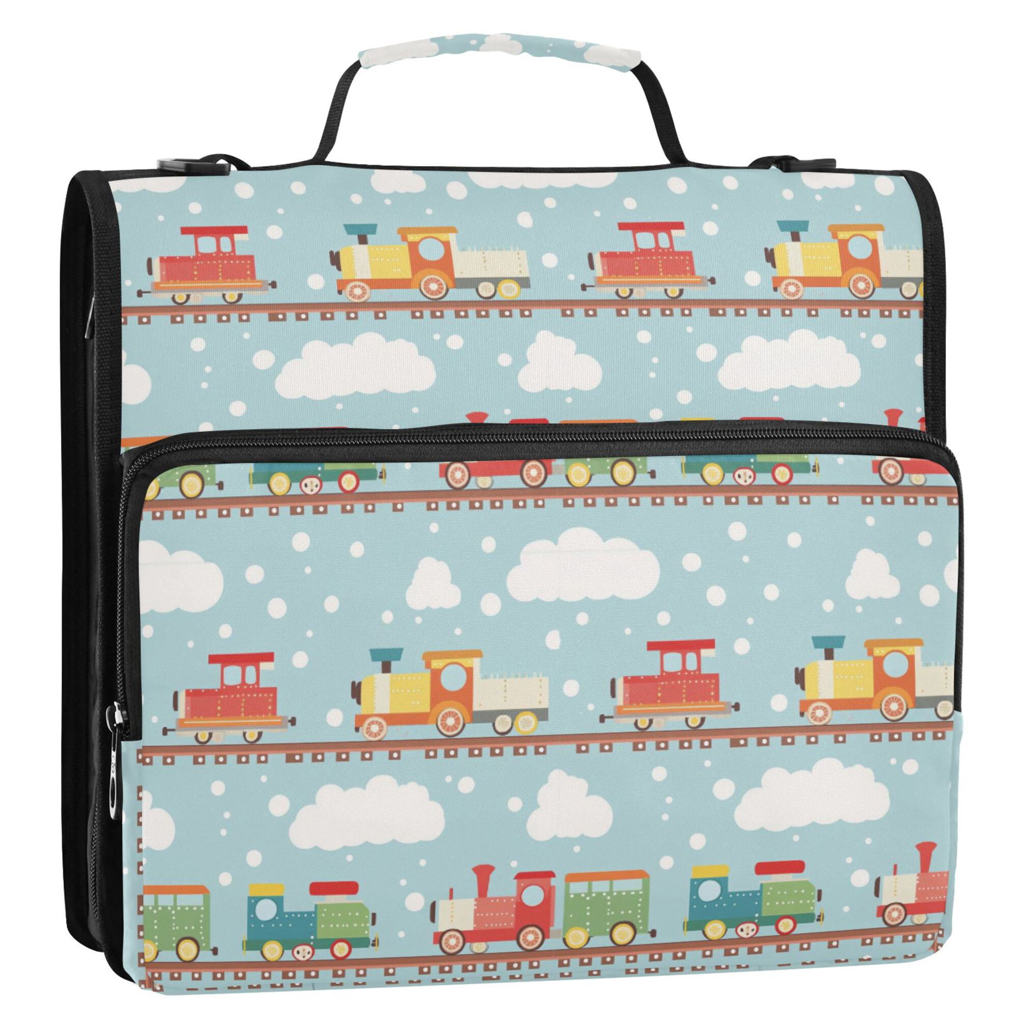 FORMRS Zipper Binder with Shoulder Strap 2-inch Ring 500 Sheet Capacity File Bag, Red Trains Pattern